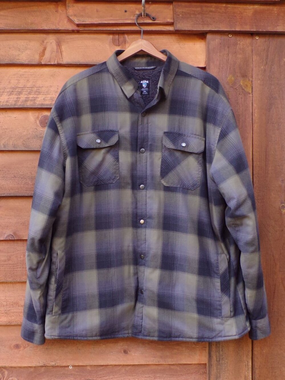 Kuhl Men's XXL Shirt Jacket Sherpa Fleece Lined Green Flannel Snap Closure